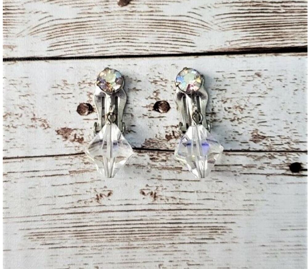 Vintage Clip On Earrings Clear Iridescent Dangle - Just Over 1" Long